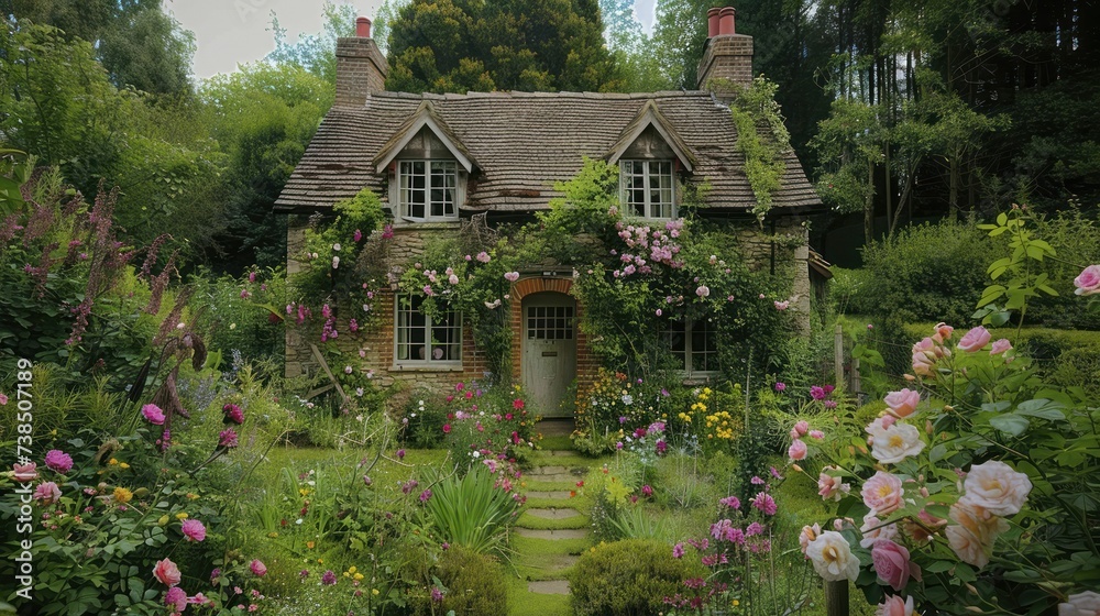 Quaint English garden, brimming with a variety of vibrant flowers and lush vegetation