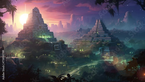 ancient mayan jungle city at night with each temple. seamless looping overlay 4k virtual video animation background  photo