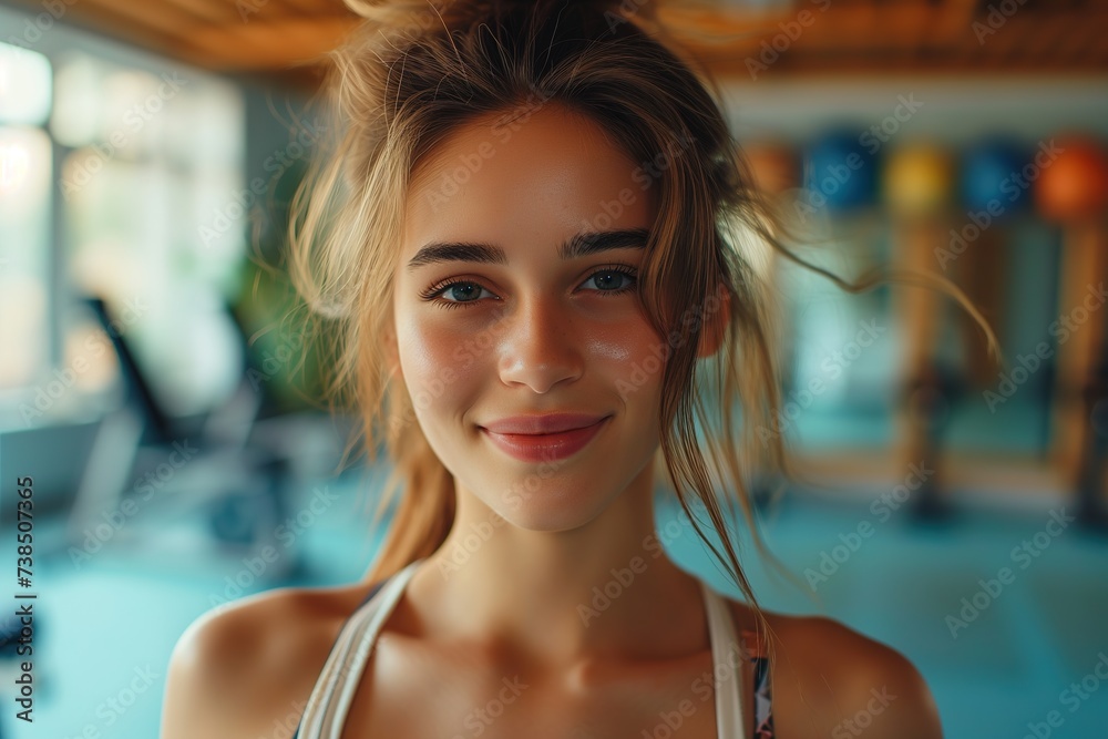 Young woman with a toned physique stands confidently in the hall, radiating energy and vitality. Fitness and aerobics Young woman with a toned physique stands confidently in the hall, radiating energy and vitality. Fitness and aerobics