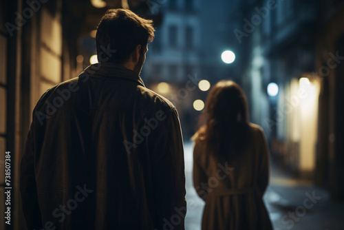 Back view of man following woman in dark street at night. Concept for crime, stalking and sexual assault photo