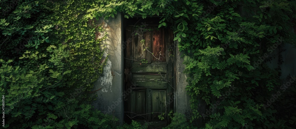 An evocative photo of an abandoned house reveals its haunting beauty through a weathered door draped in lush ivy, narrating forgotten times. An evocative photo of an abandoned house reveals its haunting beauty through a weathered door draped in lush ivy, narrating forgotten times.