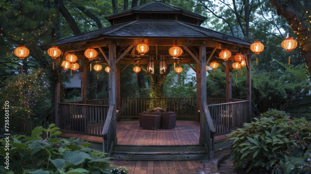 Fototapeta premium Garden gazebo lit by hanging lanterns, romantic nook, evening serenity