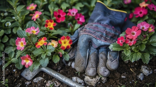 Gardening gloves and tools beside a vibrant flower bed, ready for work