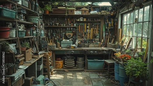 Gardening tool shed interior, organized chaos, every tool with a story