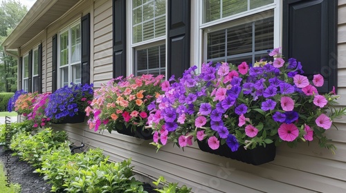 Overhanging baskets brimming with petunias, their colors spilling over, beautifying balconies or porches © Manyapha
