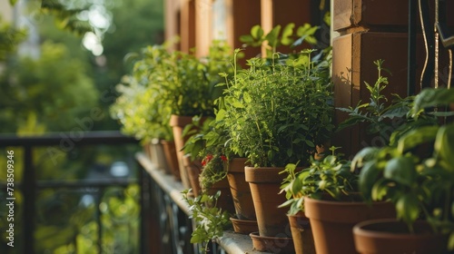 Small urban balcony garden, potted plants and herbs, maximized green space