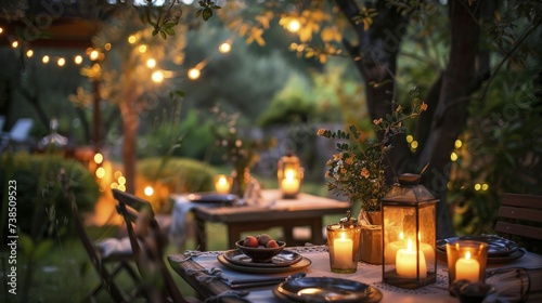 Outdoor garden dinner setup, candles and lanterns, intimate and cozy