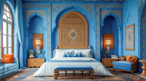 Moroccan style bedroom interior with modern bed in luxury house.Generative AI photo