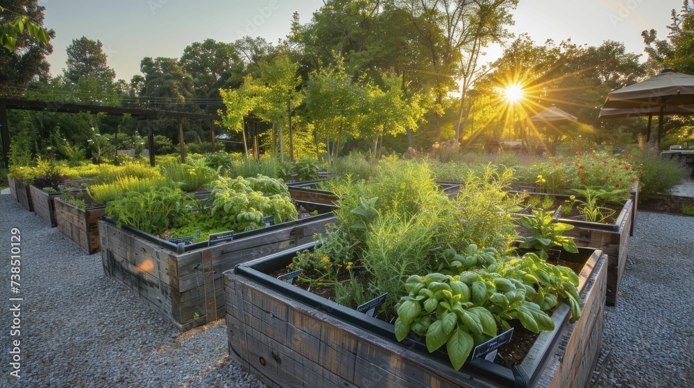 Obraz premium Herb garden basking in sunlight, pots marked for identification, a source of aromatic culinary ideas
