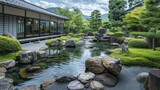 Serene home landscape featuring a calm pond and rock garden, an oasis of peace