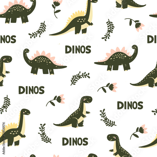 Fototapeta Naklejka Na Ścianę i Meble -  Seamless pattern of cute colorful dinosaurs with floral and geometric elements palms, mountains, clouds, leaves.