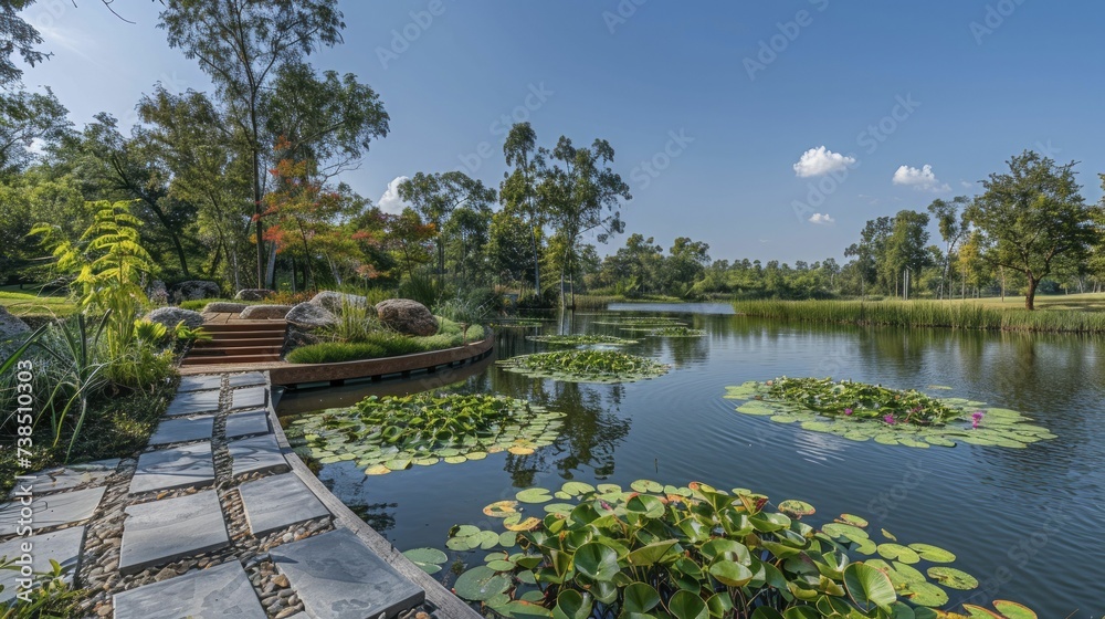 Fototapeta premium Waterfront garden landscape, peaceful harmony with water features and aquatic plants