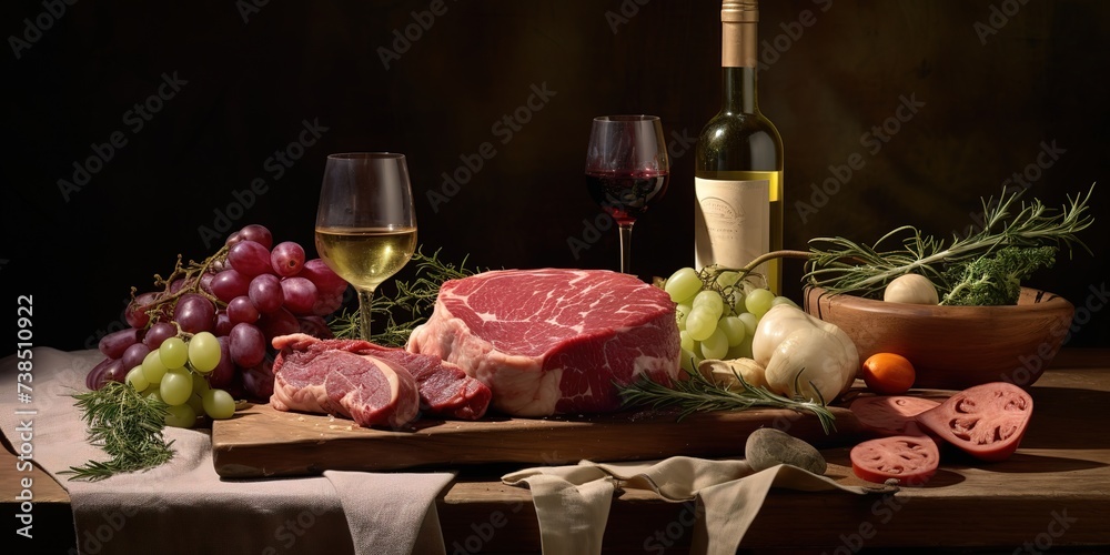 slices of roast beef on a fresh red table, processed roast beef and so, there is empty space for text, greetings, wallpaper, posters, advertisements, etc slices of roast beef on a fresh red table, processed roast beef and so, there is empty space for text, greetings, wallpaper, posters, advertisements, etc