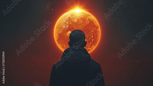 Man looking at the sun rising from the planet. 3d rendering