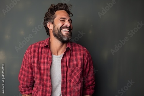 Portrait of a handsome young man laughing against a grey background.
