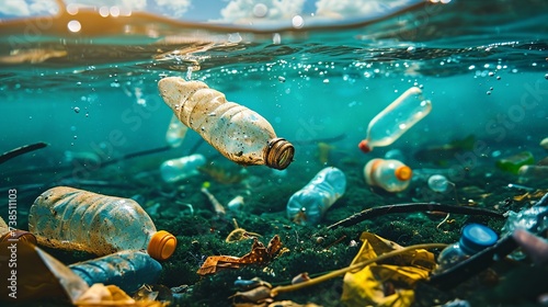 Plastic bottles, trash, plastic waste, microplastics floating in the open ocean, Generative ai © Deep Ai Generation
