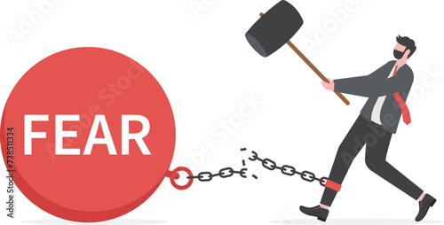 Businessman Fighting with Fear, Person Smashed chained fear ball, Face everything and Rise concept

