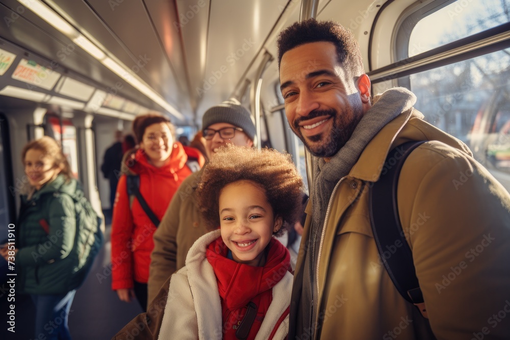 A family on a train with a child smiling. Generative AI.