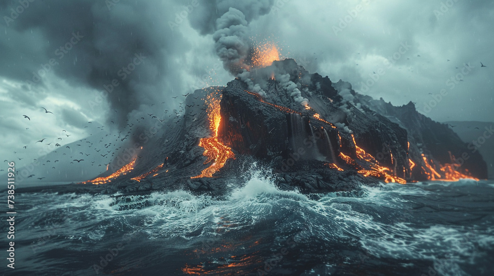 A volcanic island, with a smoking crater and lava flows. The sea is rough and dark, with waves crashing against the shore. A flock of birds flies away from the eruption.