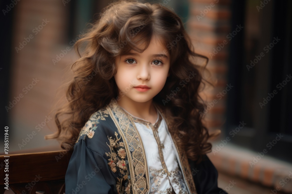 Portrait of a beautiful little girl with long curly hair in a medieval dress Portrait of a beautiful little girl with long curly hair in a medieval dress