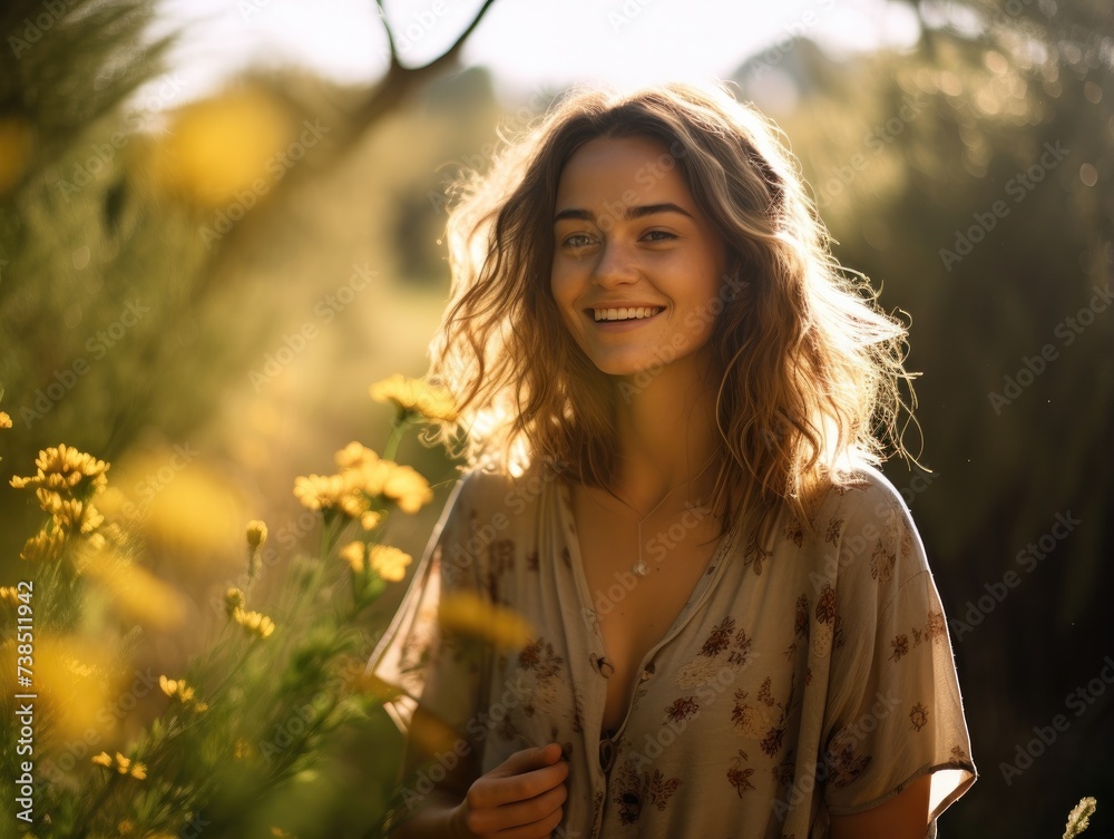 A woman smiles in a field of yellow flowers. Generative AI. A woman smiles in a field of yellow flowers. Generative AI.