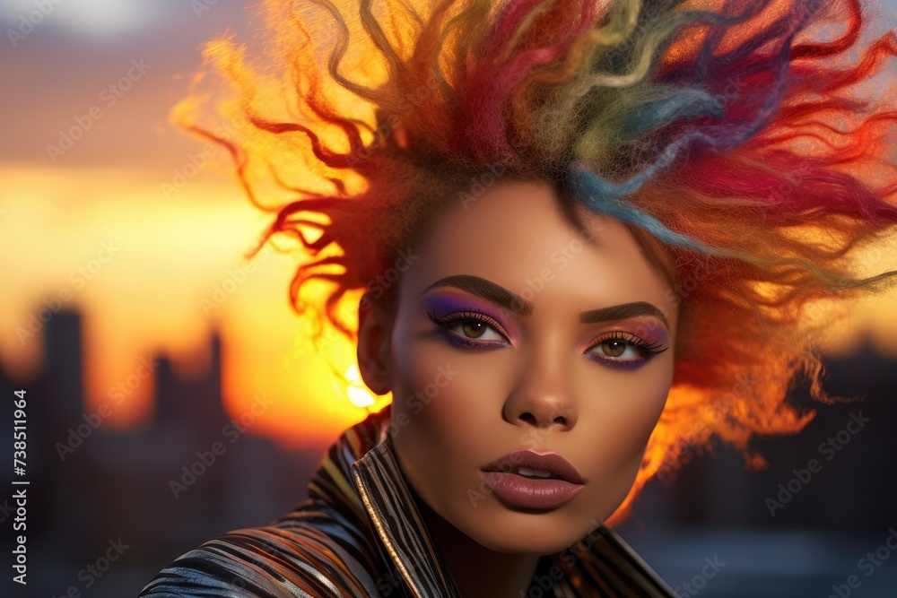A woman with colorful hair and makeup. Generative AI.