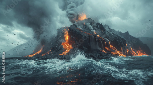 A volcanic island, with a smoking crater and lava flows. The sea is rough and dark, with waves crashing against the shore. A flock of birds flies away from the eruption.