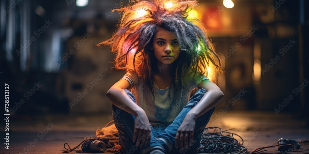 Obraz premium A girl with dreadlocks sitting on the floor. Generative AI.