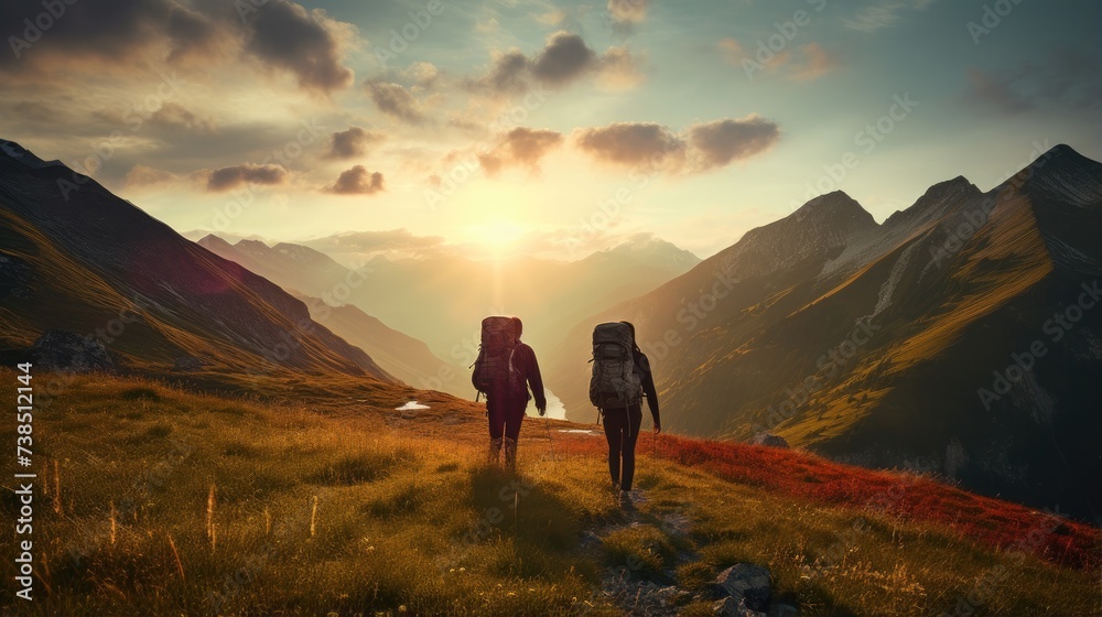 Two people with backpacks walking up a mountain at sunset. Generative AI. - obrazy, fototapety, plakaty 