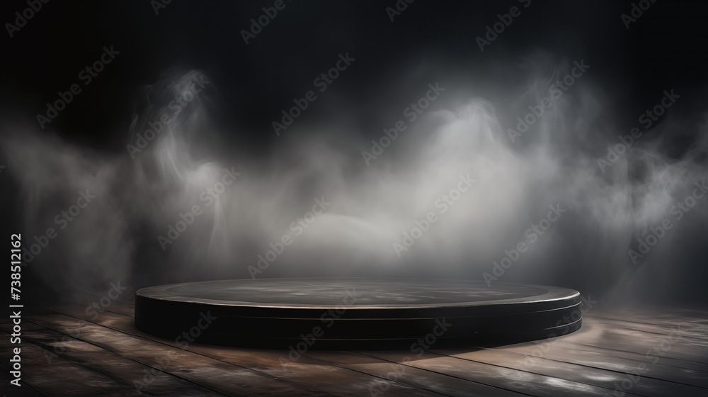 Dark Atmospheric Product Display Podium on a Wooden Floor With Dramatic Lighting