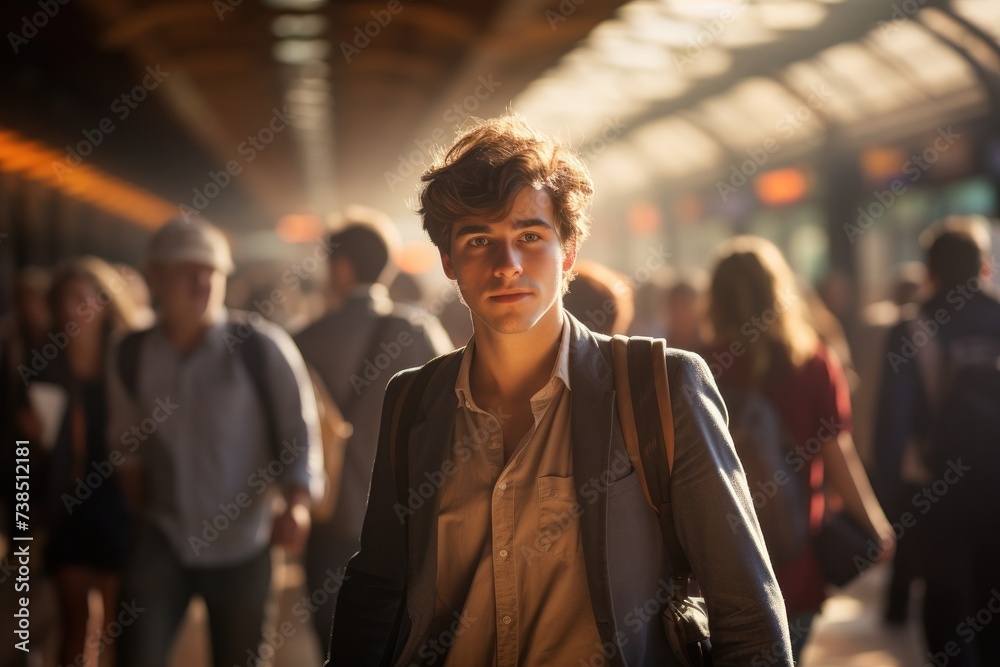 Young man in a train station with people walking by. Generative AI. Young man in a train station with people walking by. Generative AI.