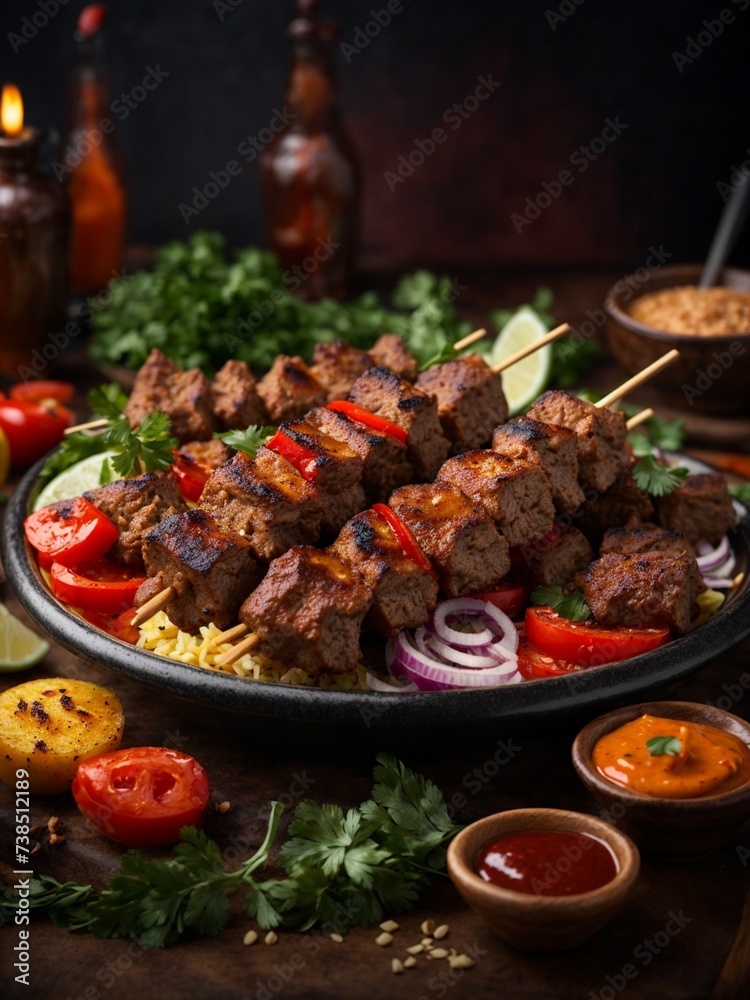 Shish kebab Mediterranean cuisine, meal of skewered and grilled cubes of meat, cinematic food photography 