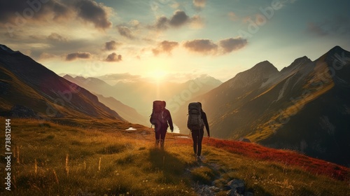 Two people with backpacks walking up a mountain at sunset. Generative AI.