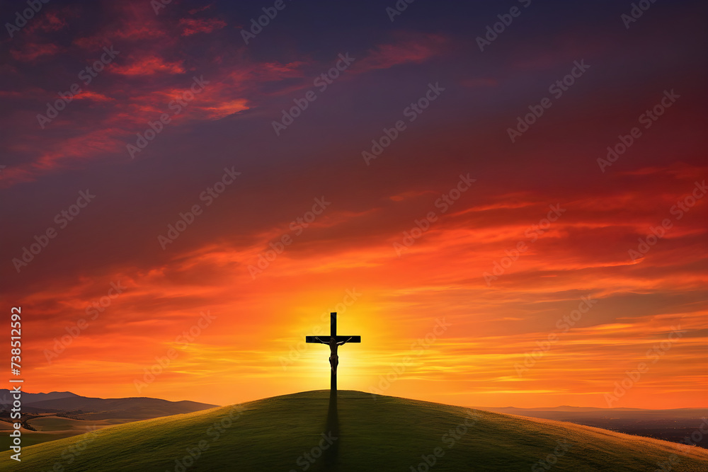 Crucifix silhouetted against a blazing sunset, sharp contrast, warm hues enveloping the horizon, amber and crimson sky gradients, lone figure standing in reverence at the base. Generative AI Crucifix silhouetted against a blazing sunset, sharp contrast, warm hues enveloping the horizon, amber and crimson sky gradients, lone figure standing in reverence at the base. Generative AI