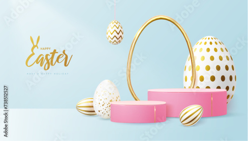 Holiday Easter showcase blue background with 3d podium and  easter eggs. Vector illustration