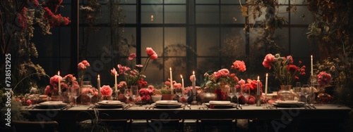 aesthetic idea party concept. set table for the celebration with plates and decorations. banner