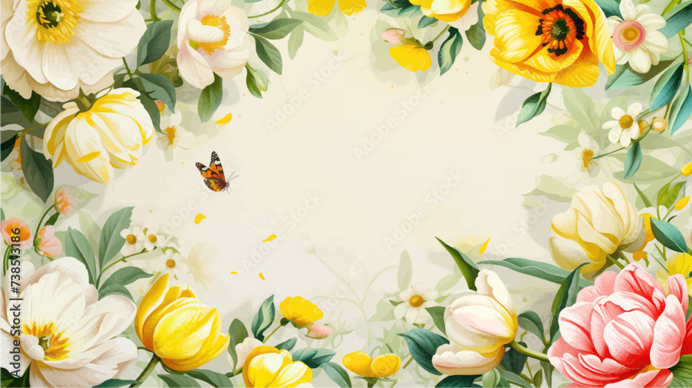 Fototapeta premium Frame decorated with flowers, tulips for women's day on March 8. Spring celebration