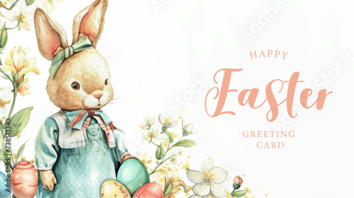 Happy Easter card with cute bunny, flowers and eggs. Vector illustration.