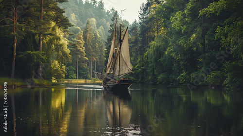 An old caravel sailboat in a forest lagoon.