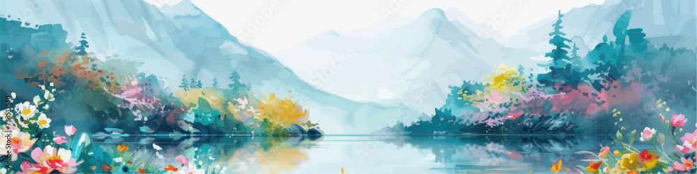 Rural spring landscape with a river and green meadows. Vector watercolor illustration. - obrazy, fototapety, plakaty 