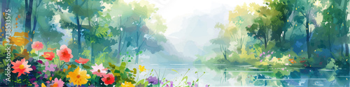 Rural spring landscape with a river and green meadows. Vector watercolor illustration.