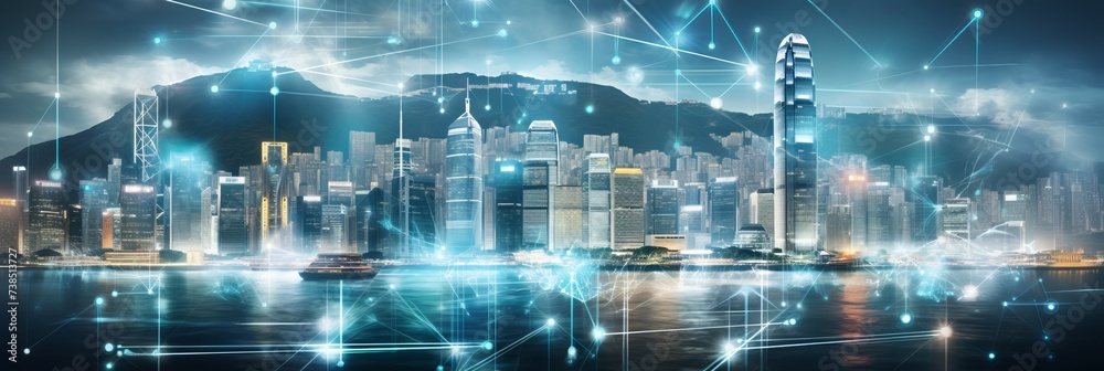 Fototapeta premium Illuminated ultra-modern city skyline with futuristic architecture and bright lights