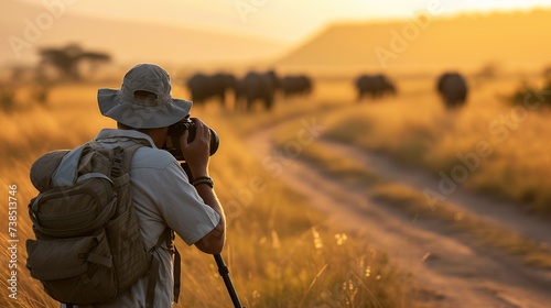 Photographer taking picture of elephant herd in the savannah at sunset © Obsidian
