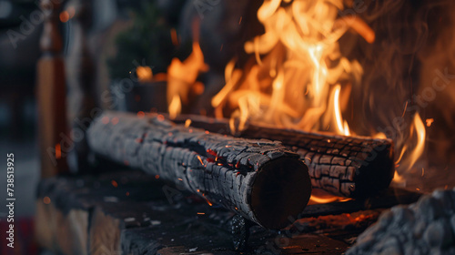 Artistic fire: fireplace with a burning log.