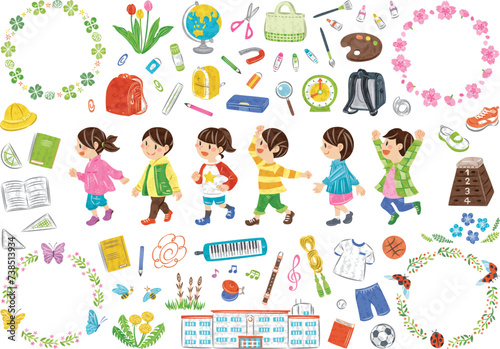 友達と歩く小学生　学校生活の文房具や道具　春の植物　イラストセット