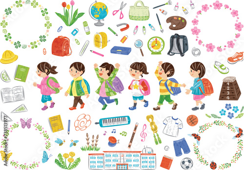 ランドセルを背負う小学生　学校生活の文房具や道具　春の植物　イラストセット	