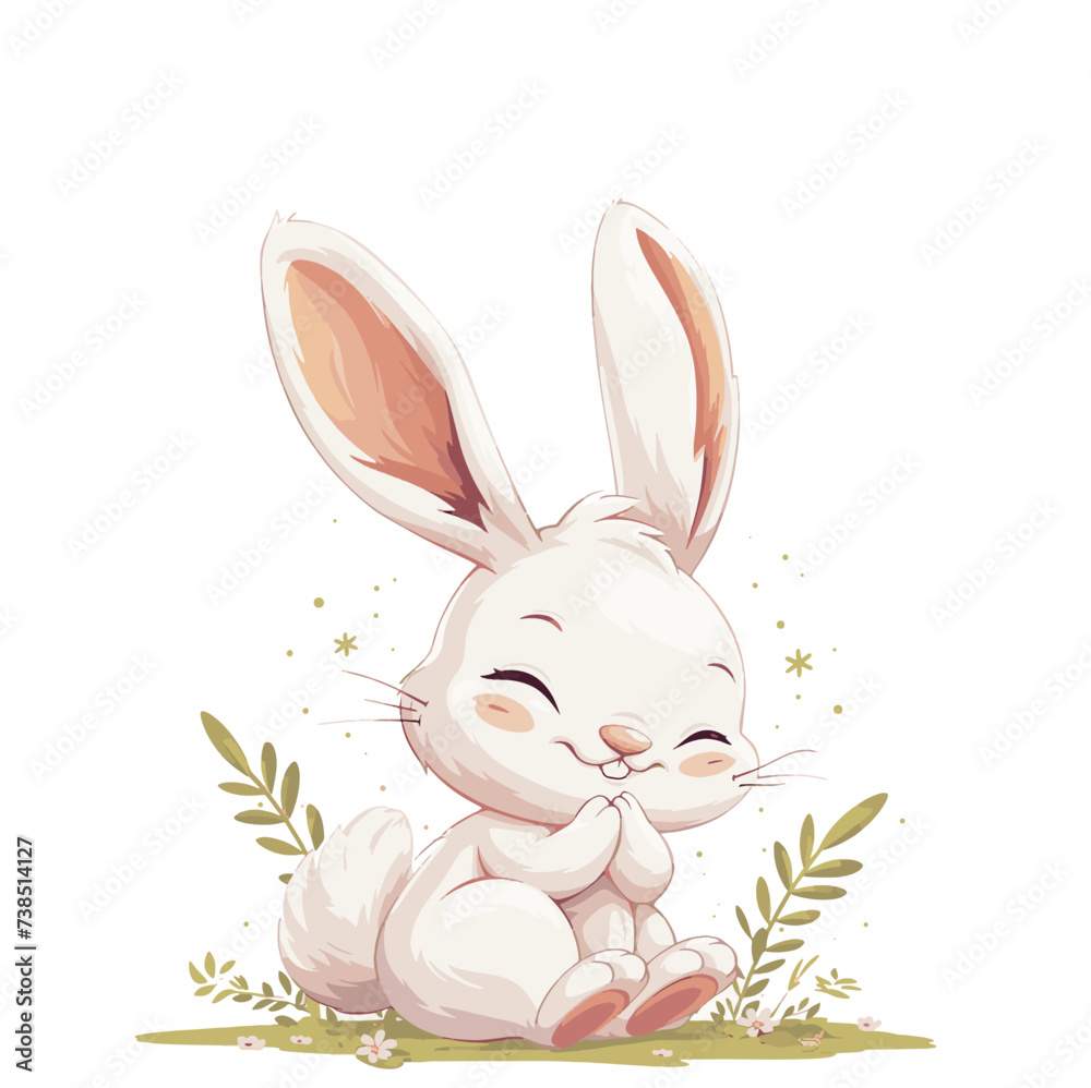 Happy Easter card with cute bunny, flowers and eggs. Vector illustration.