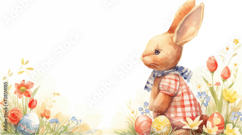 Happy Easter card with cute bunny, flowers and eggs. Vector illustration.