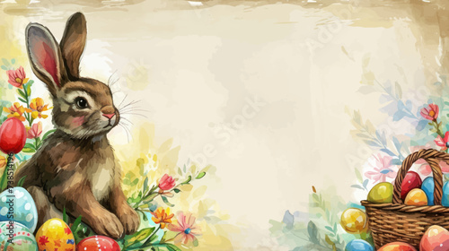 Easter basket with eggs and bunny decorated with flowers. Happy easter