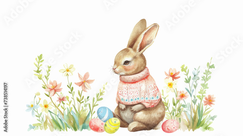 Easter basket with eggs and bunny decorated with flowers. Happy easter